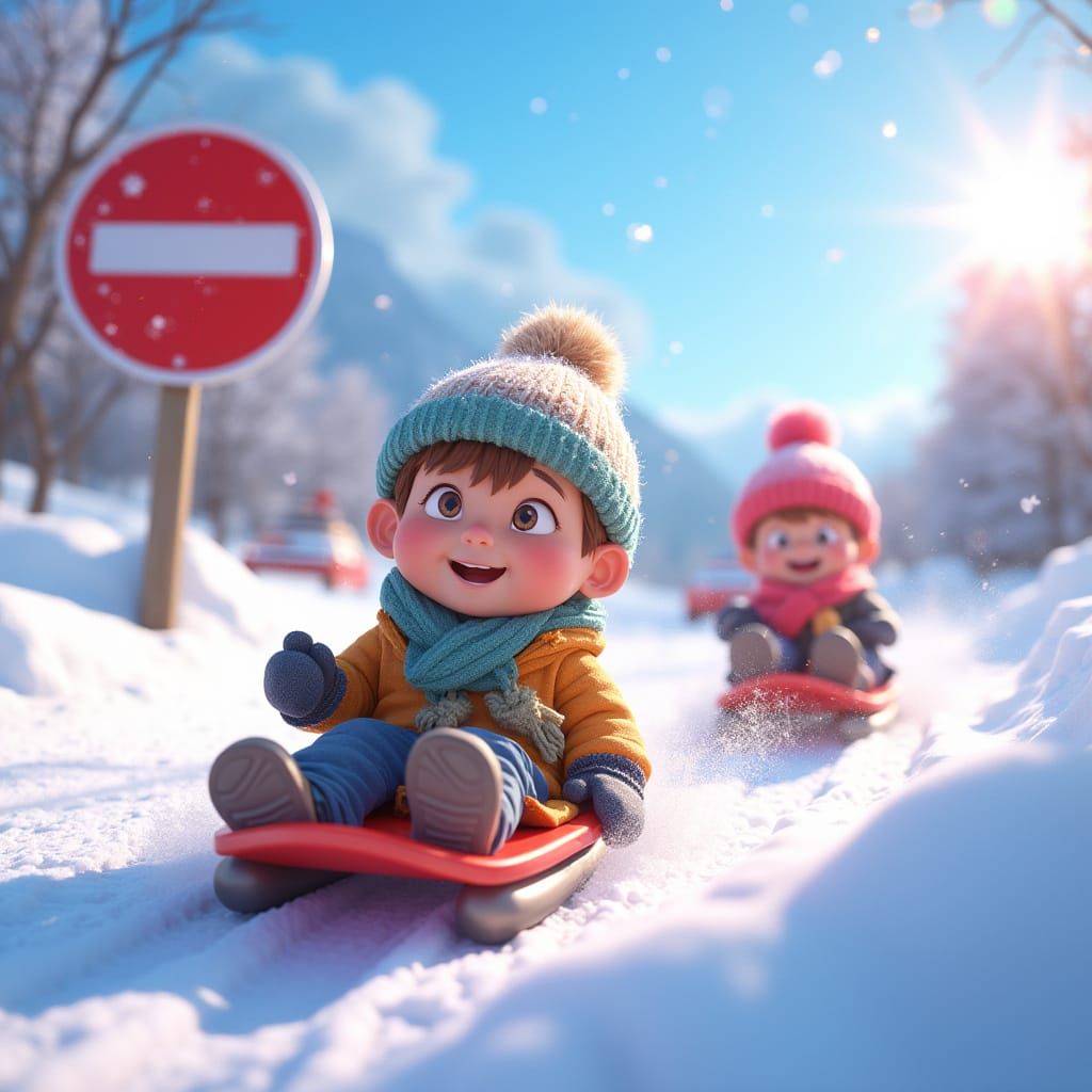 Children Sneakily Sled Down Hill in Vibrant Winter Scene, Ig...