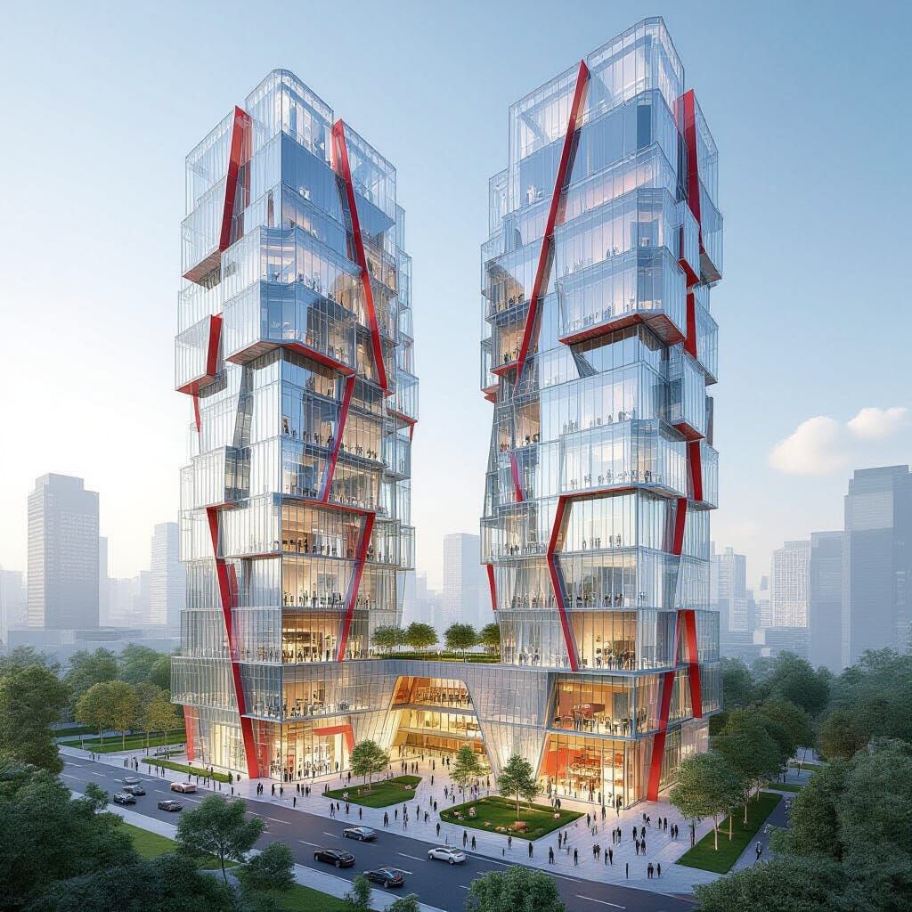 Futuristic Glass Skyscrapers with Organic Petal Design
