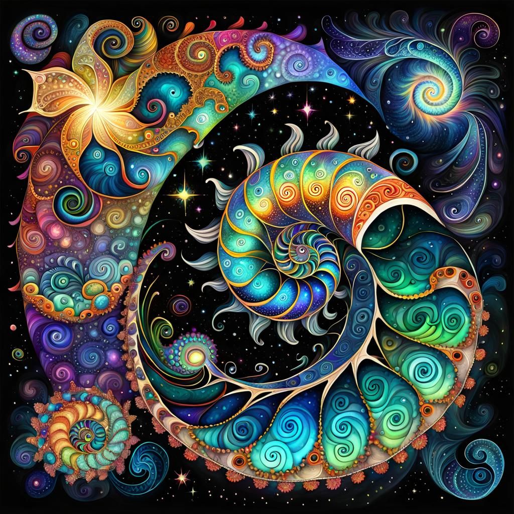 Cosmic Nautilus in Zentangle Fractal Nebula