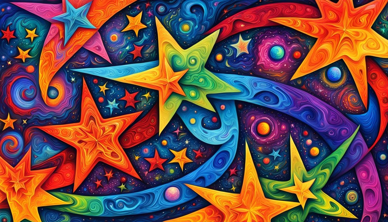 Cosmic Stars in Rainbow Fractal, Impasto Oil Painting