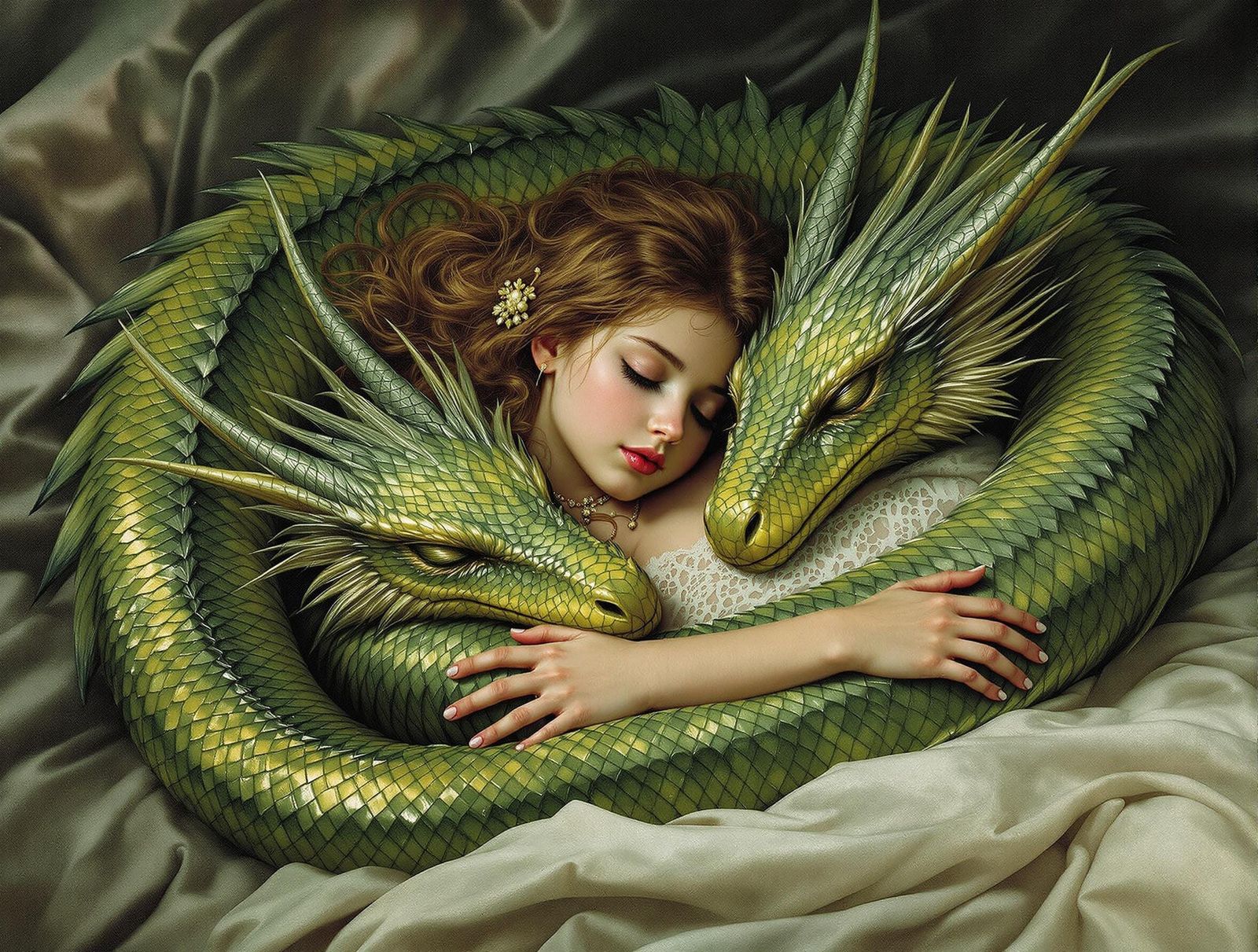 Girl Sleeping with Dragons: A Photorealistic Oil Painting