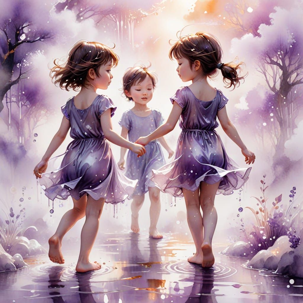 Children Play in Fog: Watercolor and Ink Style