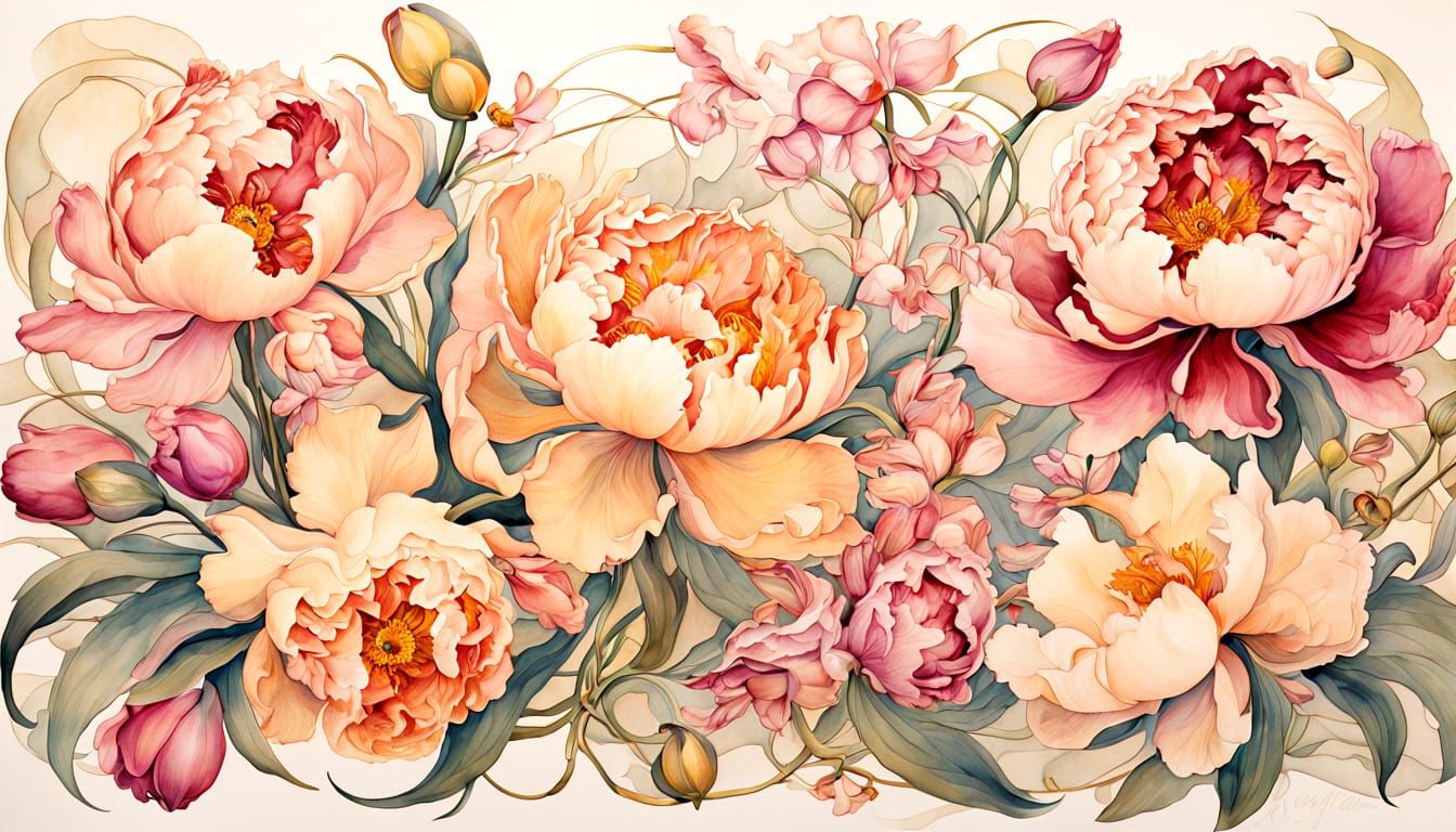 Art Nouveau Watercolor Painting of Blooming Flowers