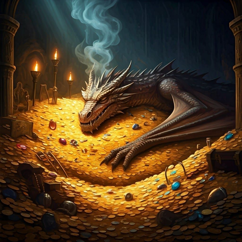 Dragon of Ancient Gold and Jewels in Dramatic Slumber