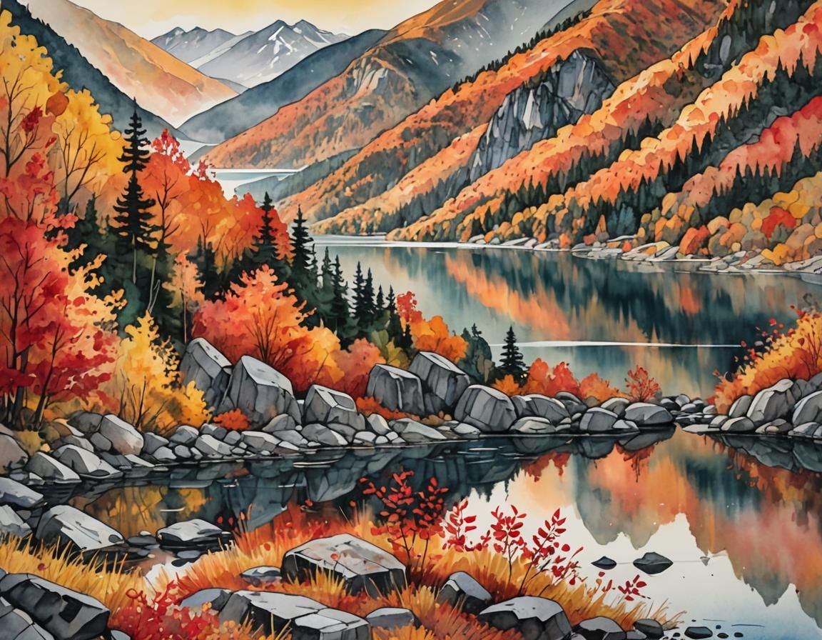 Autumn Mountainside: Abstract Expressionist Watercolor Lands...