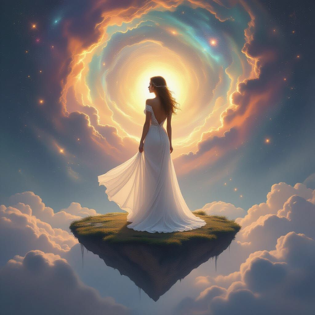 Woman in White Dress on Floating Island with Cosmic Aura
