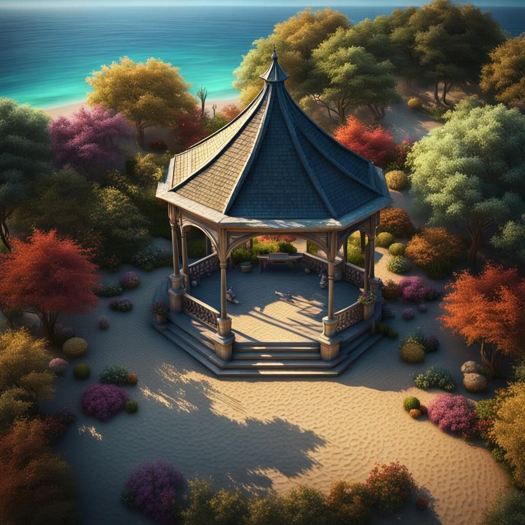 Gazebo in Colorful Garden by the Sea