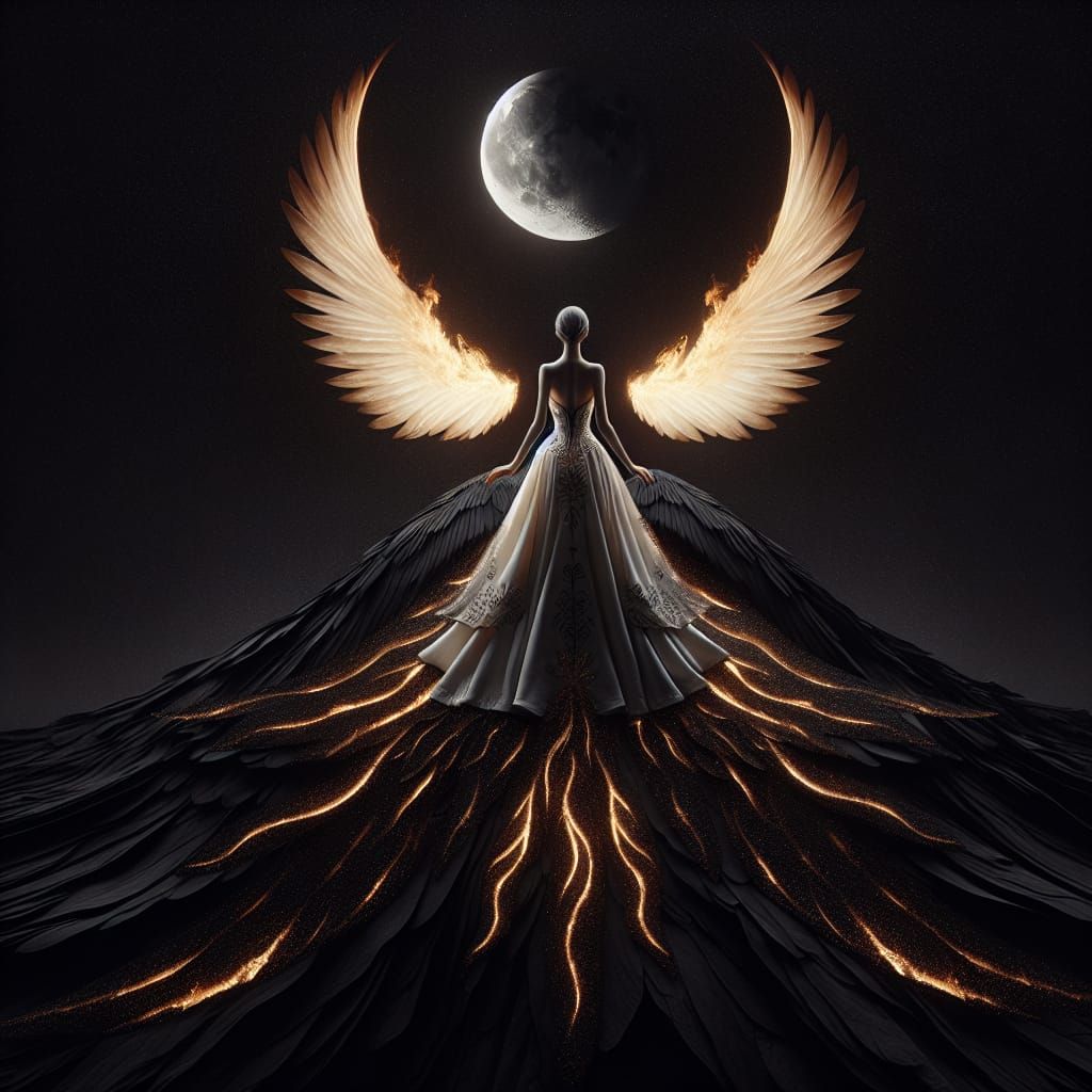 Angel with Fiery Wings on Moonlit Tower