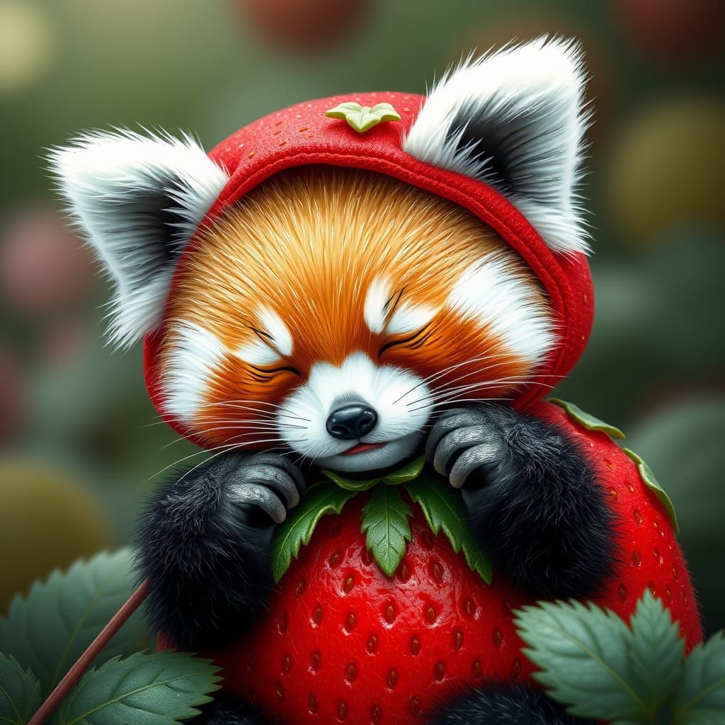 Sleeping Red Panda in a Sweet Strawberry Costume