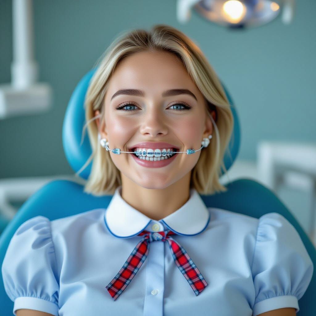 Woman with Braces and Headgear in Dentist Chair
