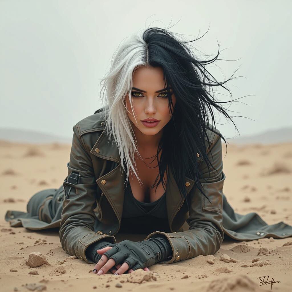 Striking Woman in Barren Landscape, Acrylic Style