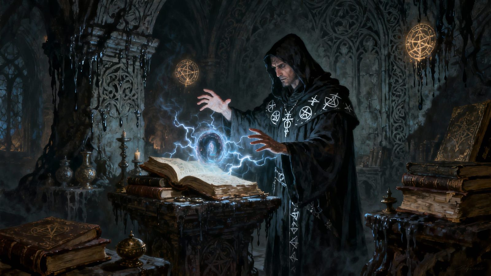 Warlock Ritual in Gothic Chamber - Dark Fantasy Art