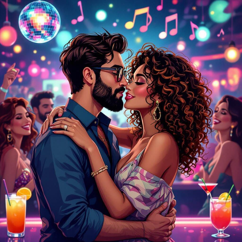 Romantic Nightclub Kiss in Cartoon Style