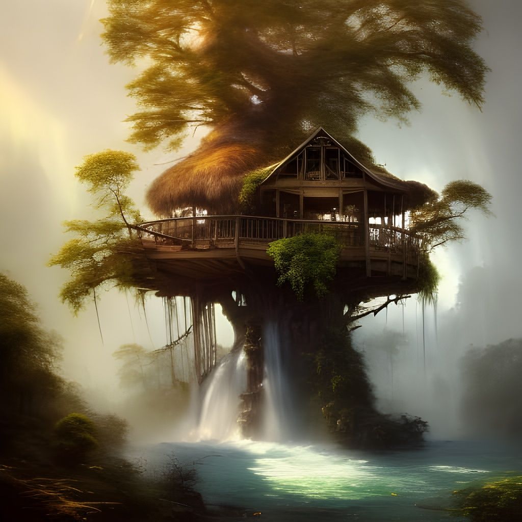 Treehouse Waterfalls: Detailed Digital Art