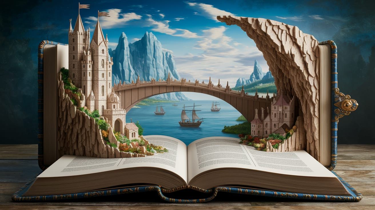 Fantasy Origami Castle Landscape in Antique Book