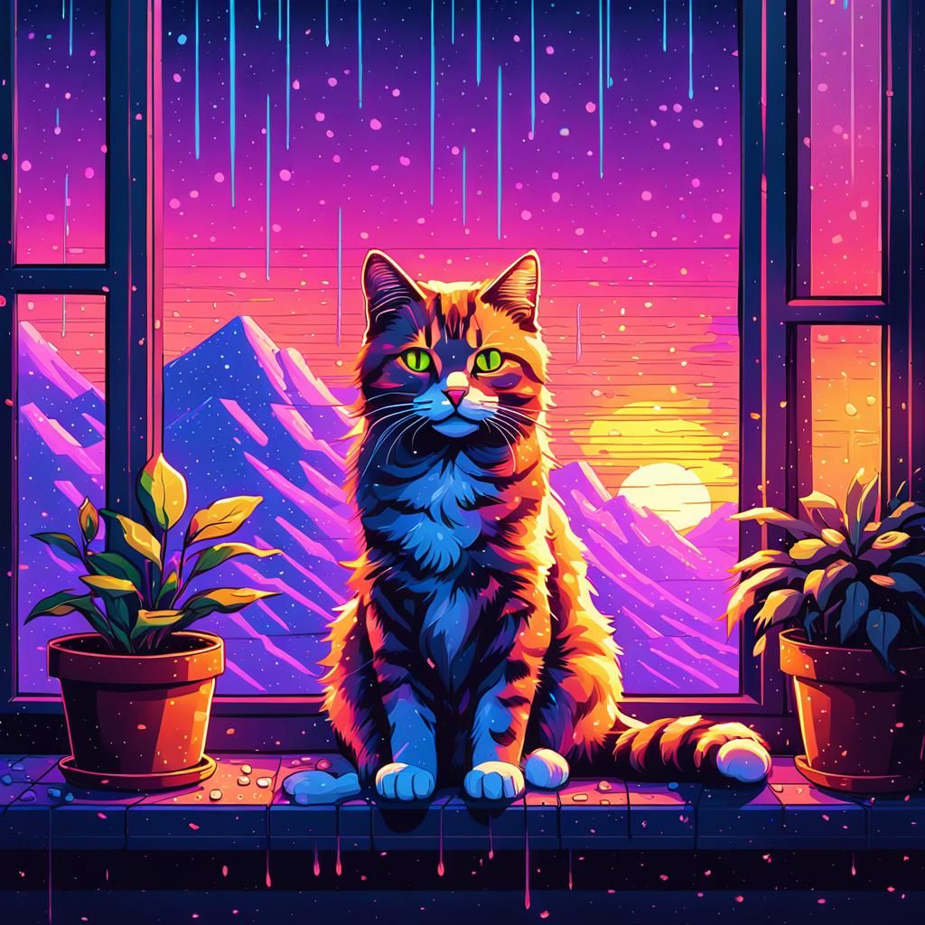 Neon Cat in Retro Synthwave Winter Scene