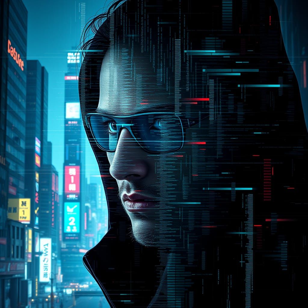 Cyberpunk Hacker Portrait in Glitching Neon Cityscape