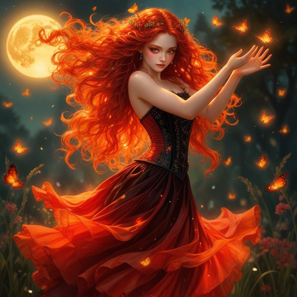 Fiery Fairy Dances in Moonlit Garden, Anime Realism