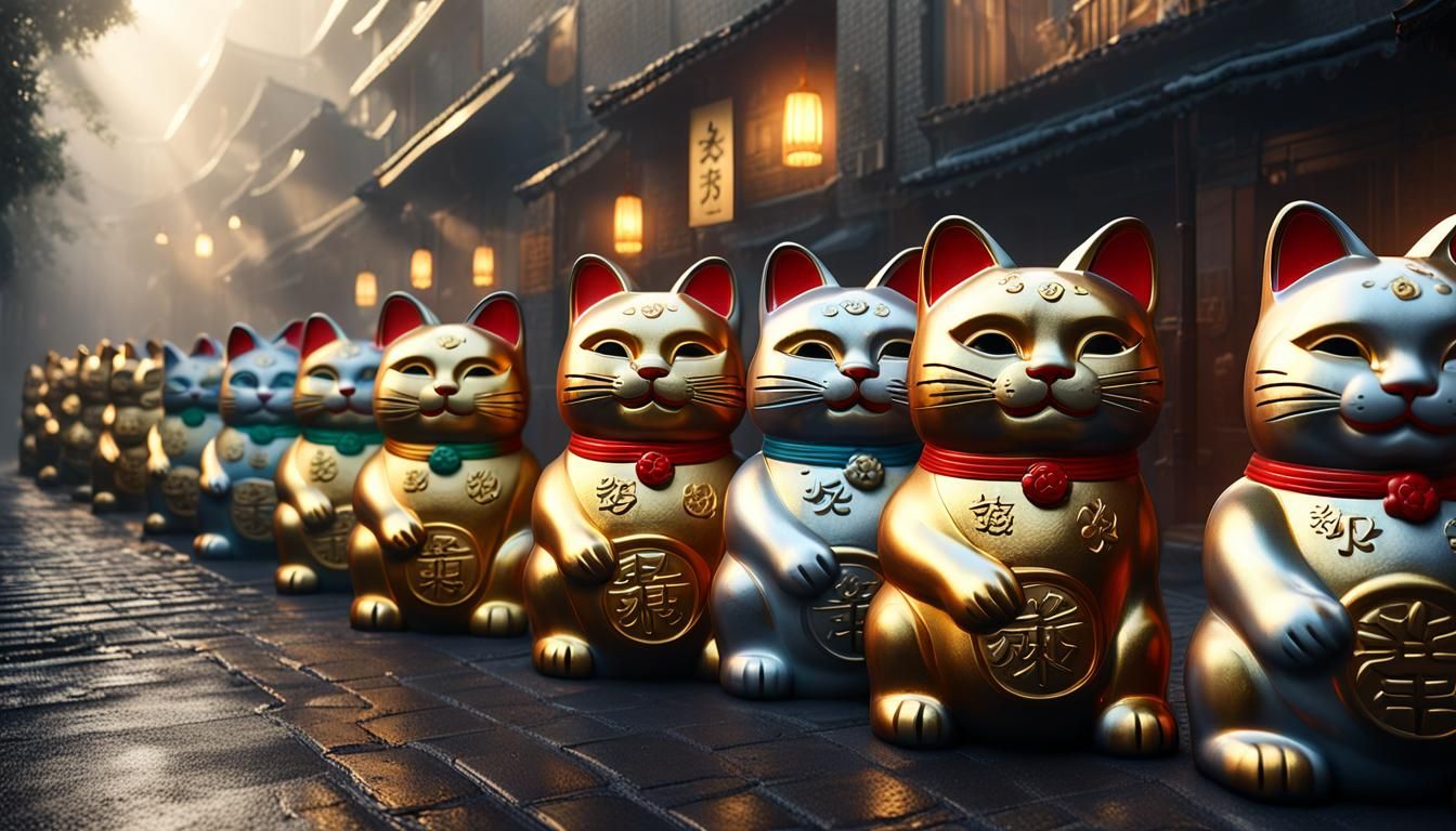 Wall of Lucky Cats in Misty Alleyway