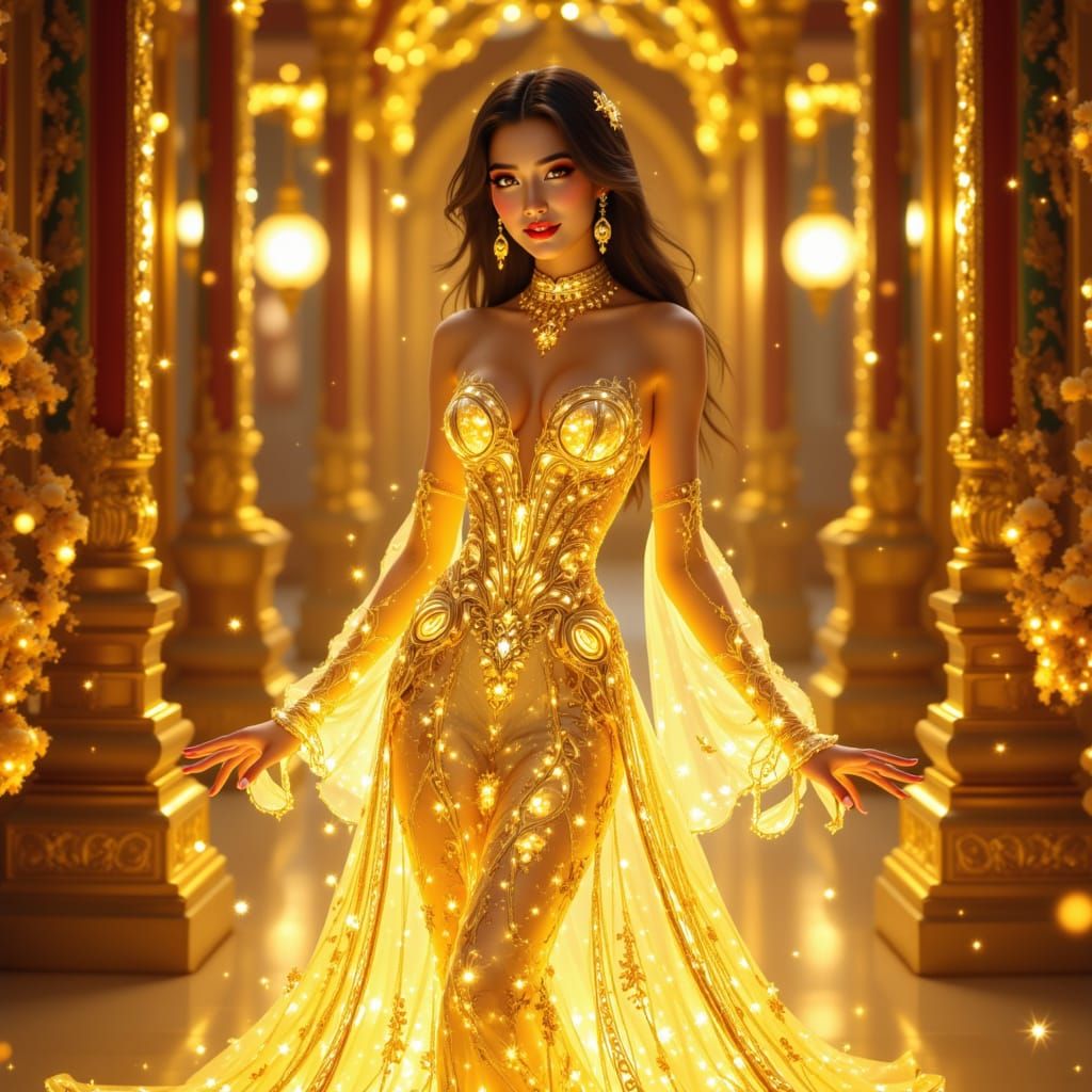 Thai Woman in Glowing Golden Dress Amidst Temples