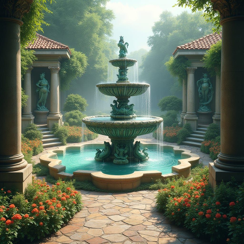 Mythical Fountain in Lush Garden: Classical Design