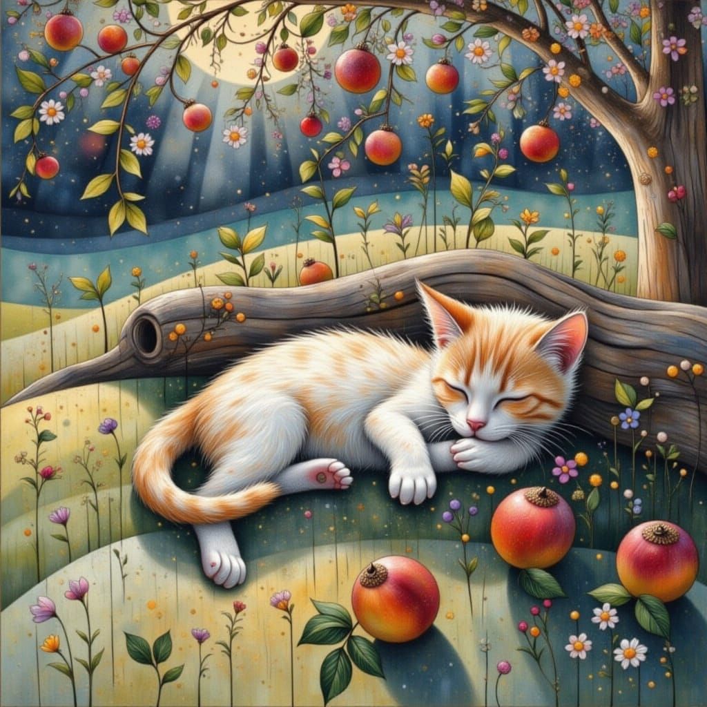Surreal Watercolor Scene of a Kitten in a Vibrant Garden