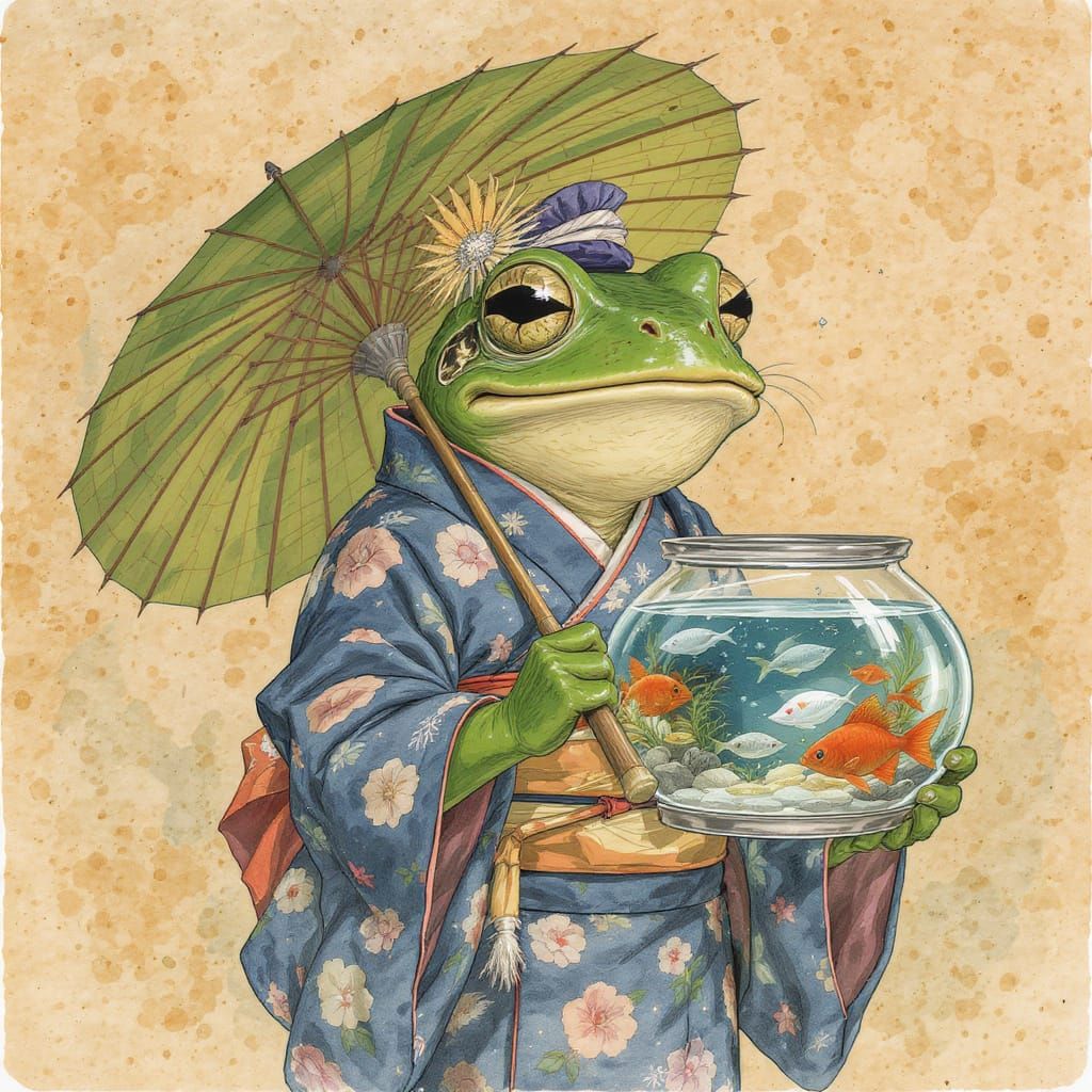 Frog in Kimono with Aquarium, Watercolor Style