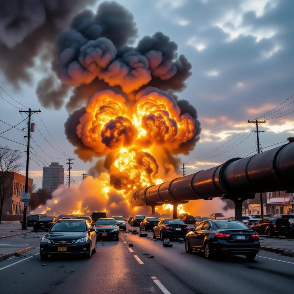 Gas Pipeline Explosion with Fireball in Urban Environment