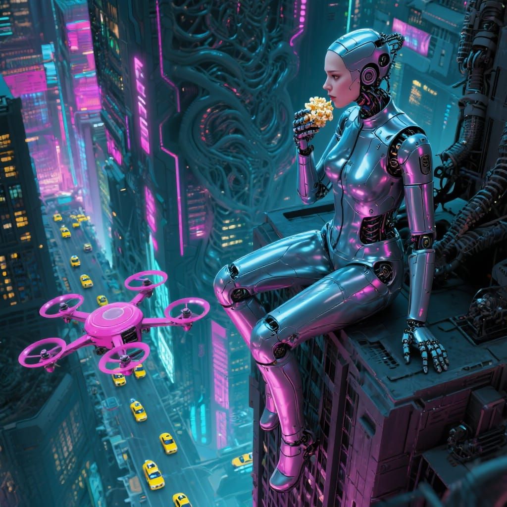 Robotic Woman on Skyscraper in Cyberpunk Style