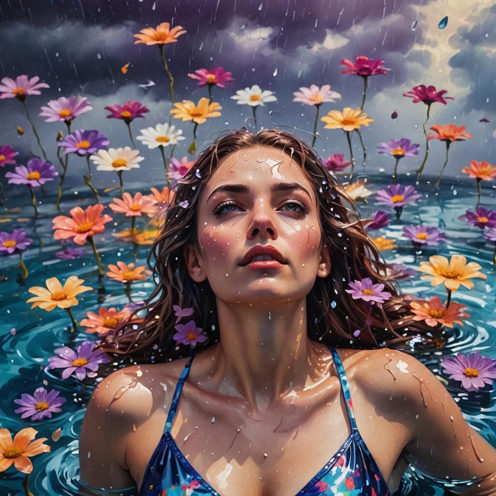 Girl in Stormy Pool: Art Nouveau Fantasy