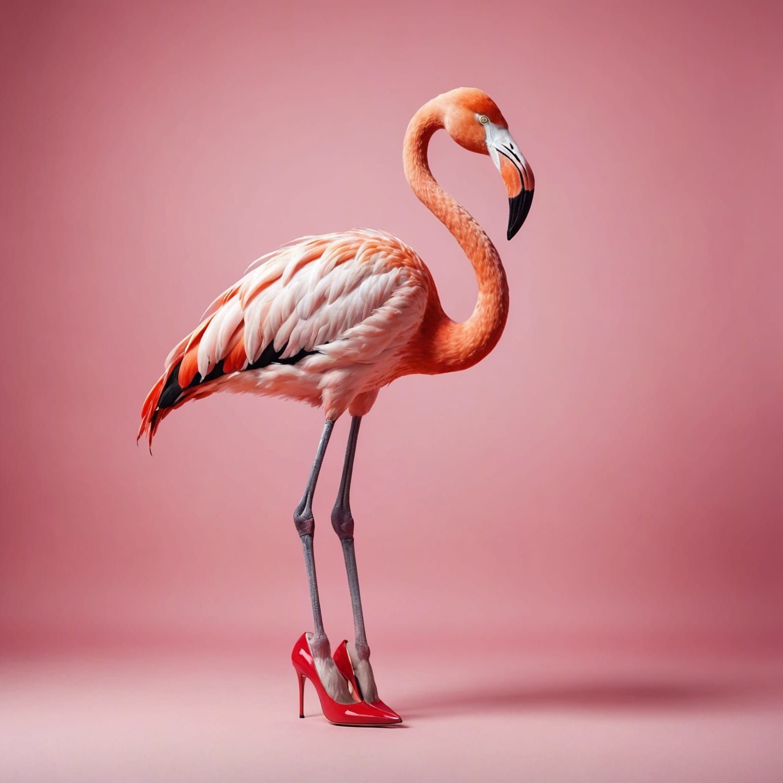 Pink Flamingo in Red High Heels on Pink Background