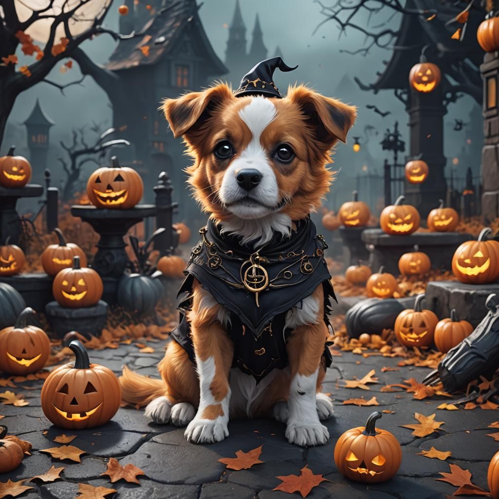Cute Puppy in Halloween Costume, Detailed Fantasy Art