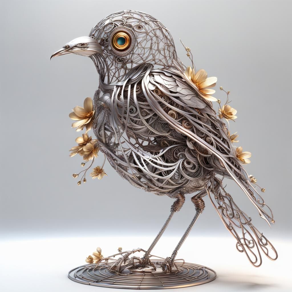 Intricate Metal Bird Sculpture in Cyberpunk Style