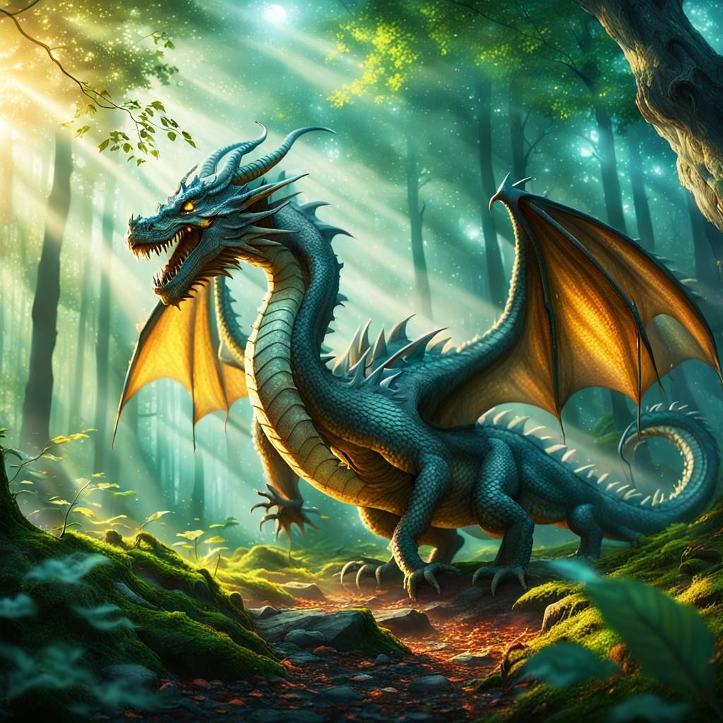 Dragon's Whimsical Forest Dance in Fantasy Art