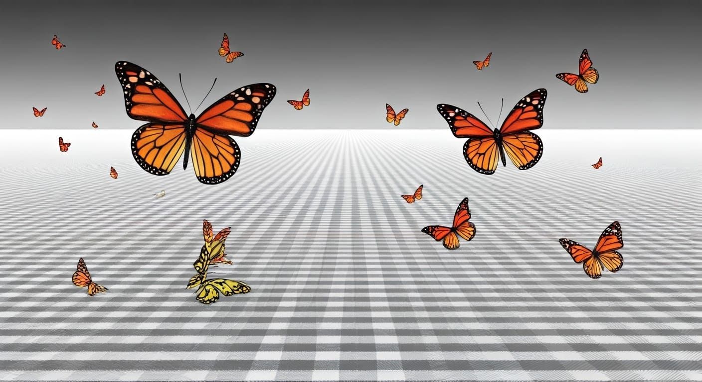 Vibrant Butterflies Dance in Gingham Landscape