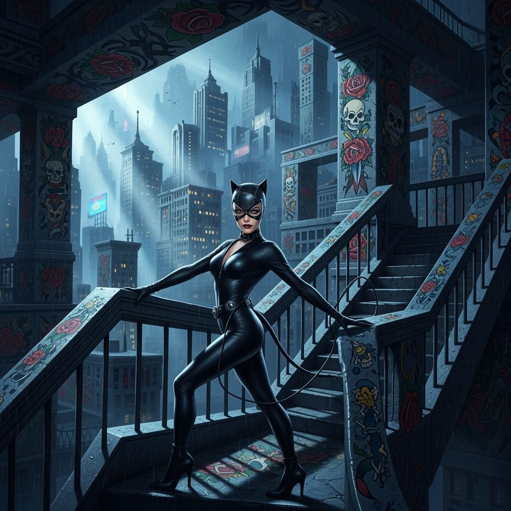 Catwoman in Escher-esque Metropolis with Gothic Tattoo Desig...