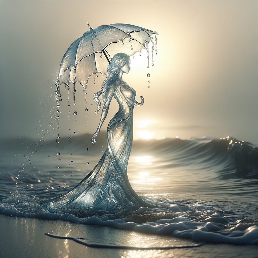 Luminous Water Spirit Emerges from Ocean Waves at Dawn
