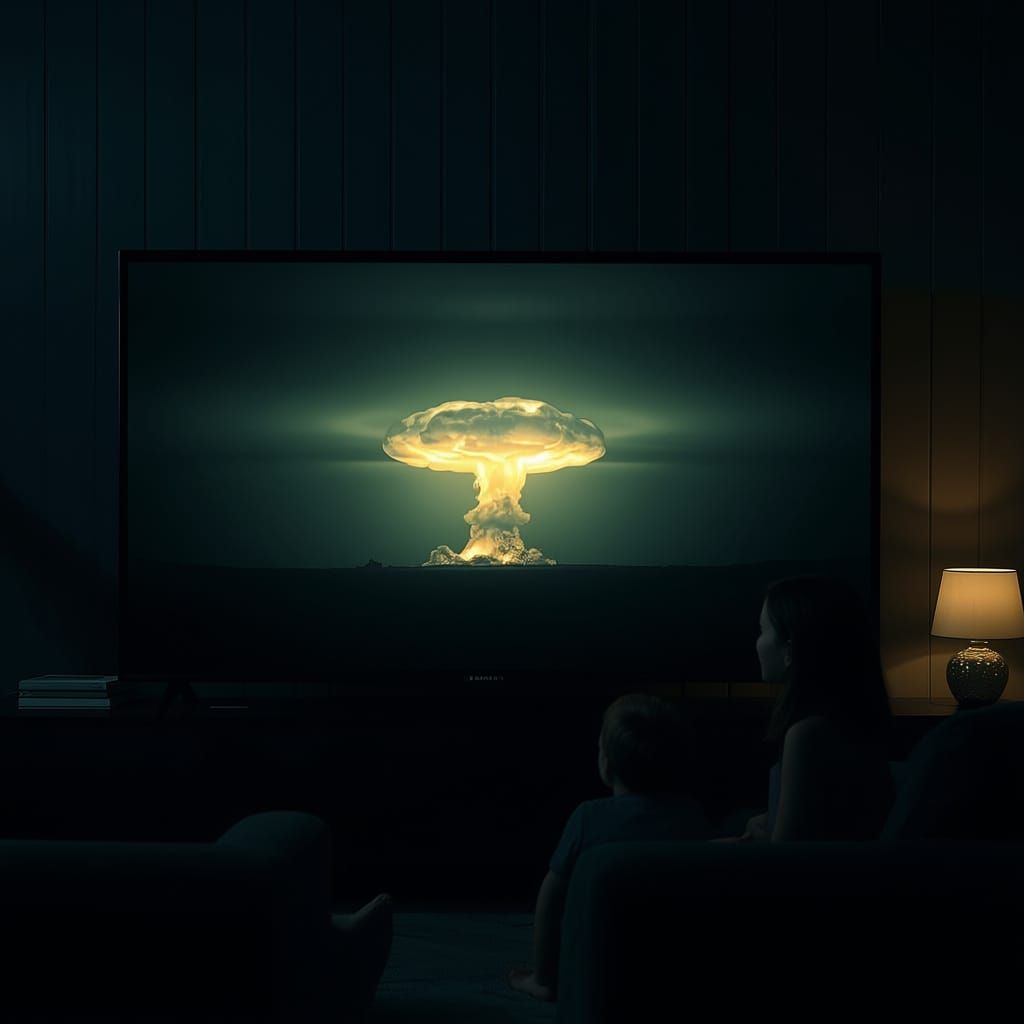 Nuclear Mushroom Cloud Reflection on Large Flat Screen TV