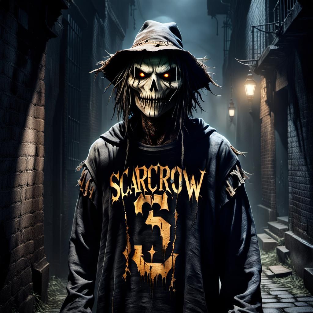 Menacing Scarecrow in Gothic Alleyway, Hyperrealistic