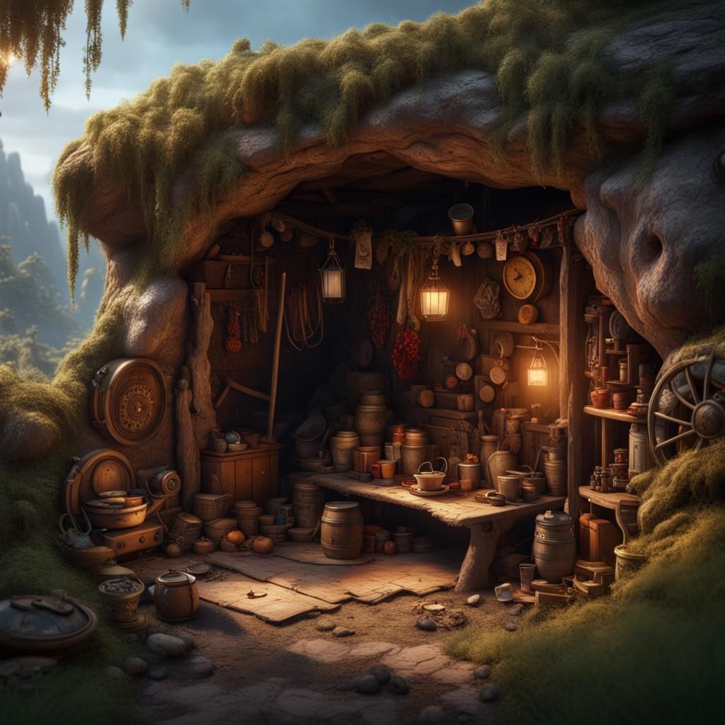 A small cozy cave hovel filled with knick knacks