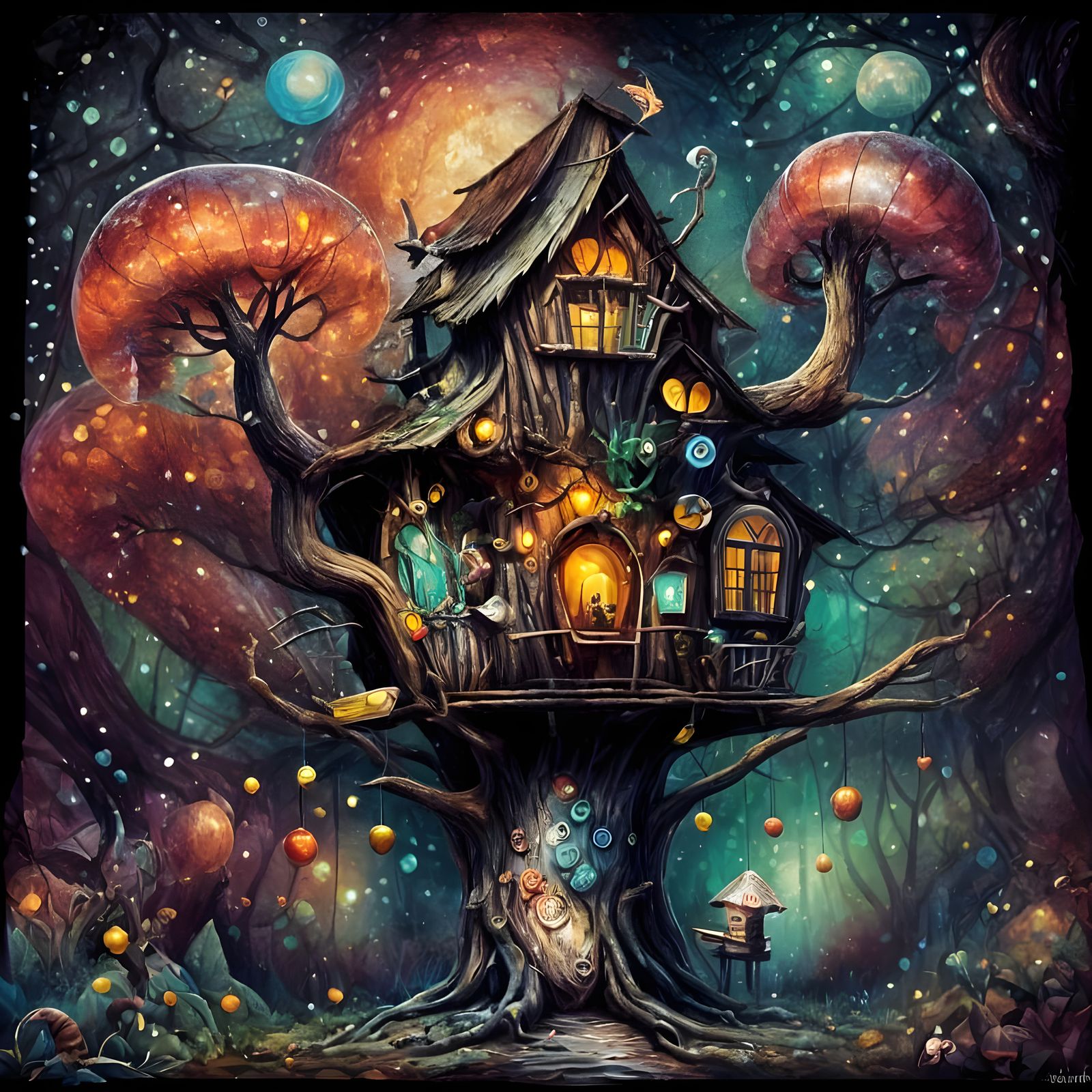 Whimsical Treehouse with Patchwork Mushroom Details