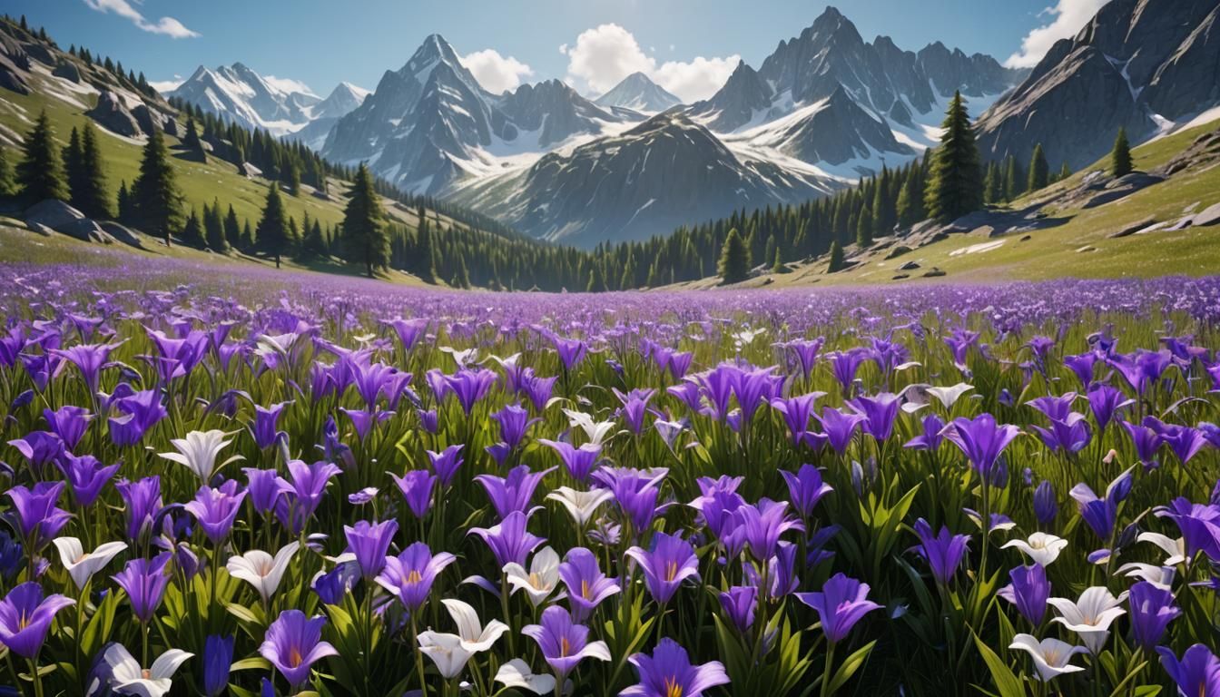Bellflower Meadow with Mountain Peaks in Spring