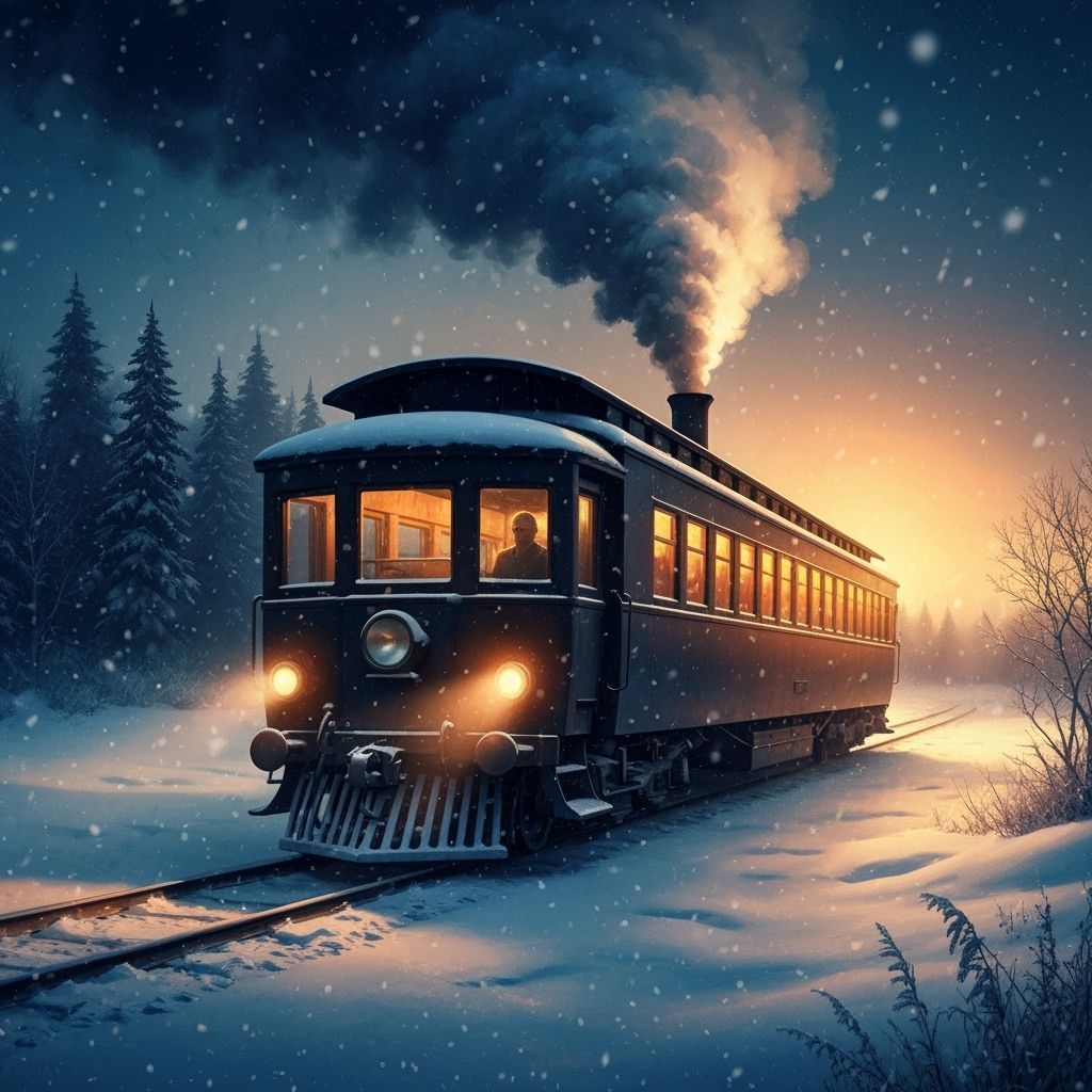 Glowing Train Winds Through Snowy Winter Landscape