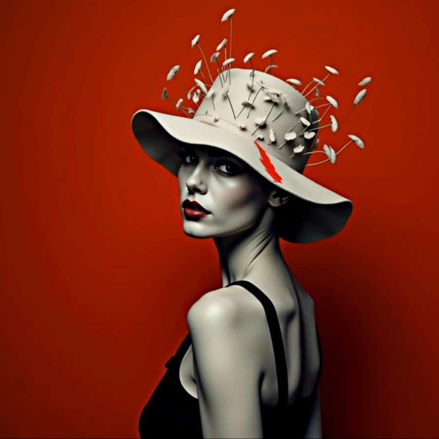 Woman in Black and White with Crimson Streak and Artistic Ha...