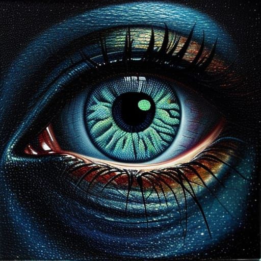 Realistic oil painting. Mysterious. Hidden in the dark night. Ugly Frightening eyes hidden in the dark dark night. Monst...