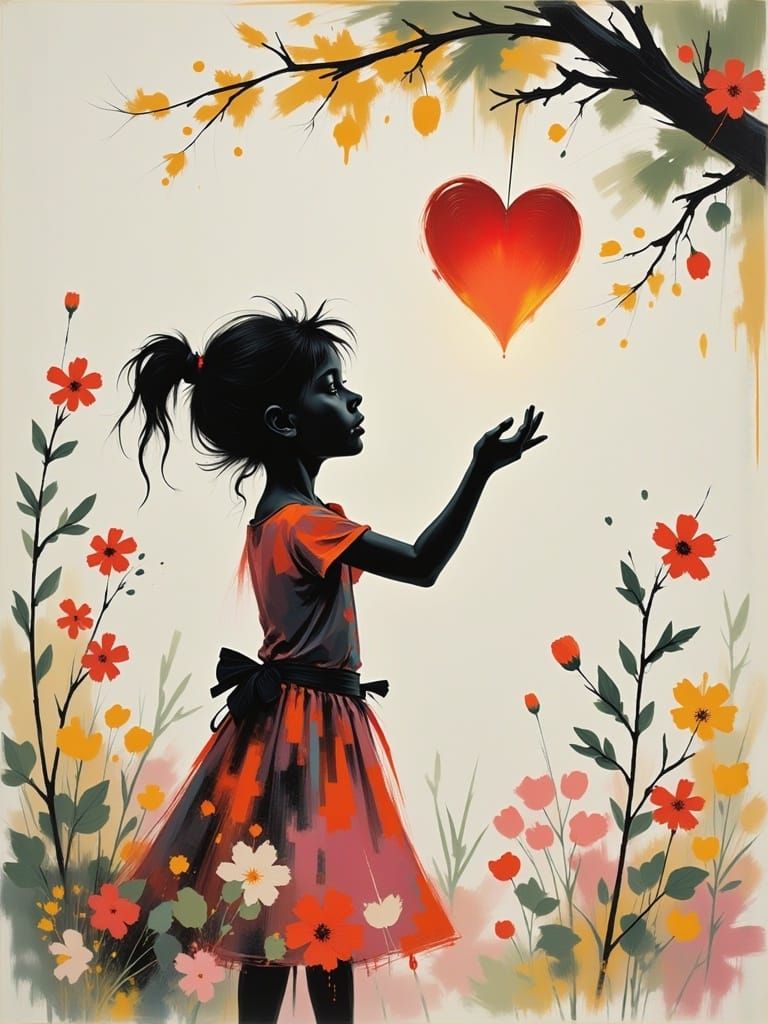 Whimsical Girl Reaches for a Shining Heart