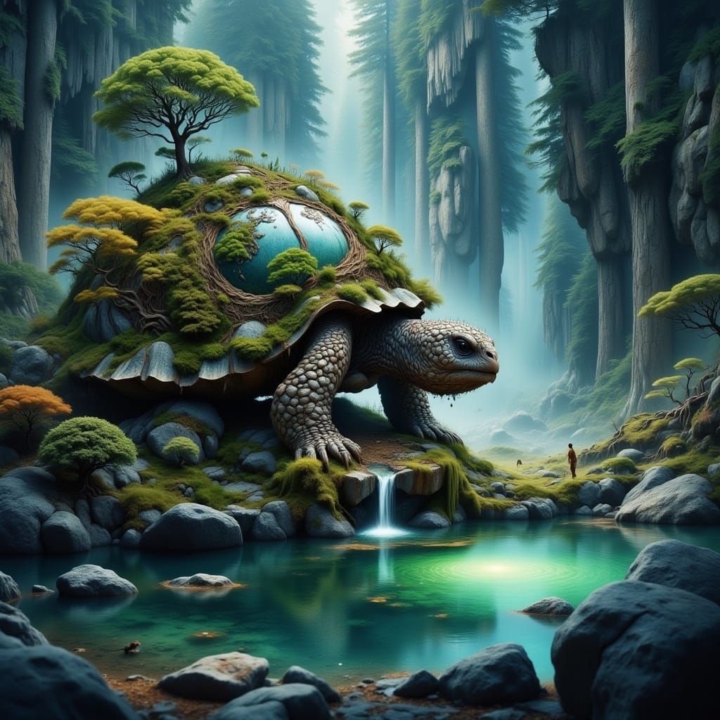 Ancient Tortoise with Forest Shell by Glowing Pond