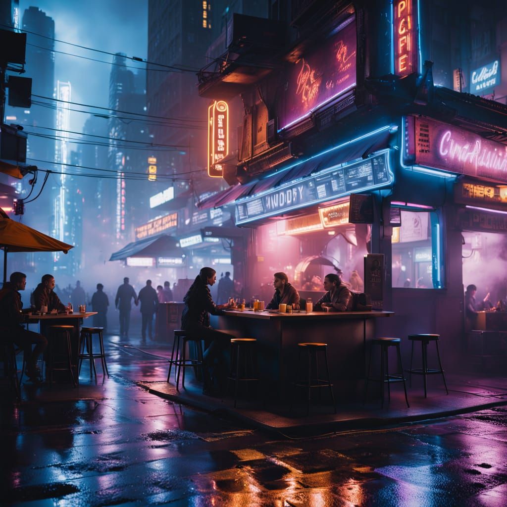 Glowing Nocturnal Metropolis: A Futuristic Cafe Scene