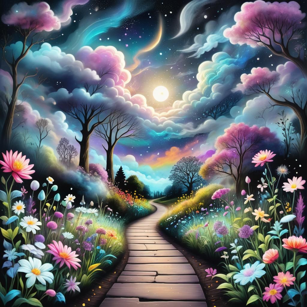 Surreal Chalk Art: Floral Pathway to Enchantment