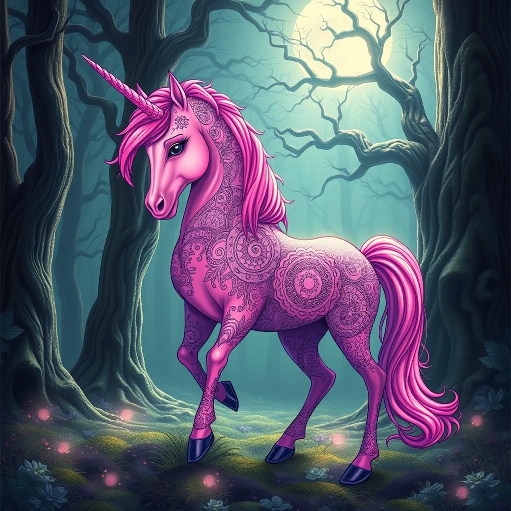 Iridescent Pink Unicorn in Mystical Forest